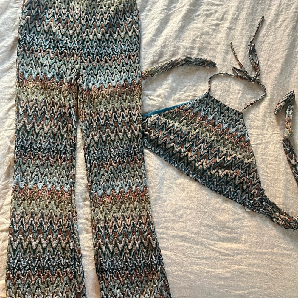 Fashion Nova Multicolor Zigzag Flare Pants & Halter Set